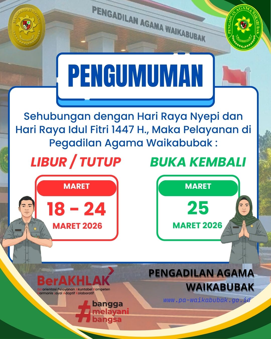 Pengumuman Cuti Bersama Idul Fitri 1447 H, Pelayanan PA Waikabubak Tutup Mulai 18 Maret 2026