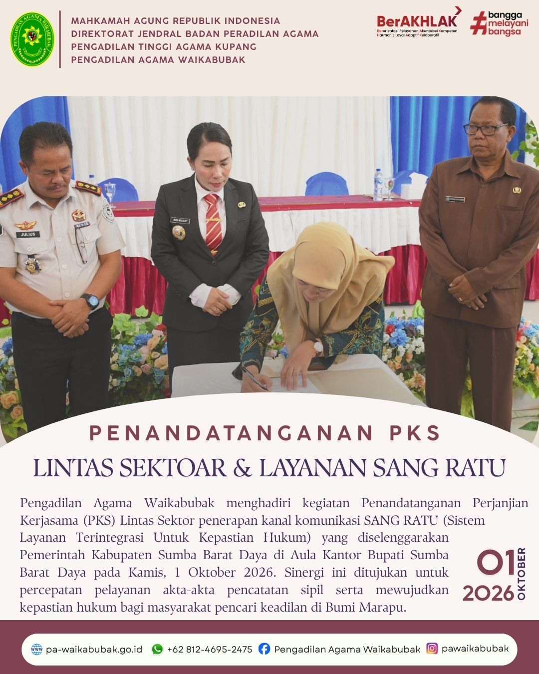 Dukung Percepatan Layanan SANG RATU, PA Waikabubak Hadiri Penandatanganan PKS Lintas Sektor di Sumba Barat Daya