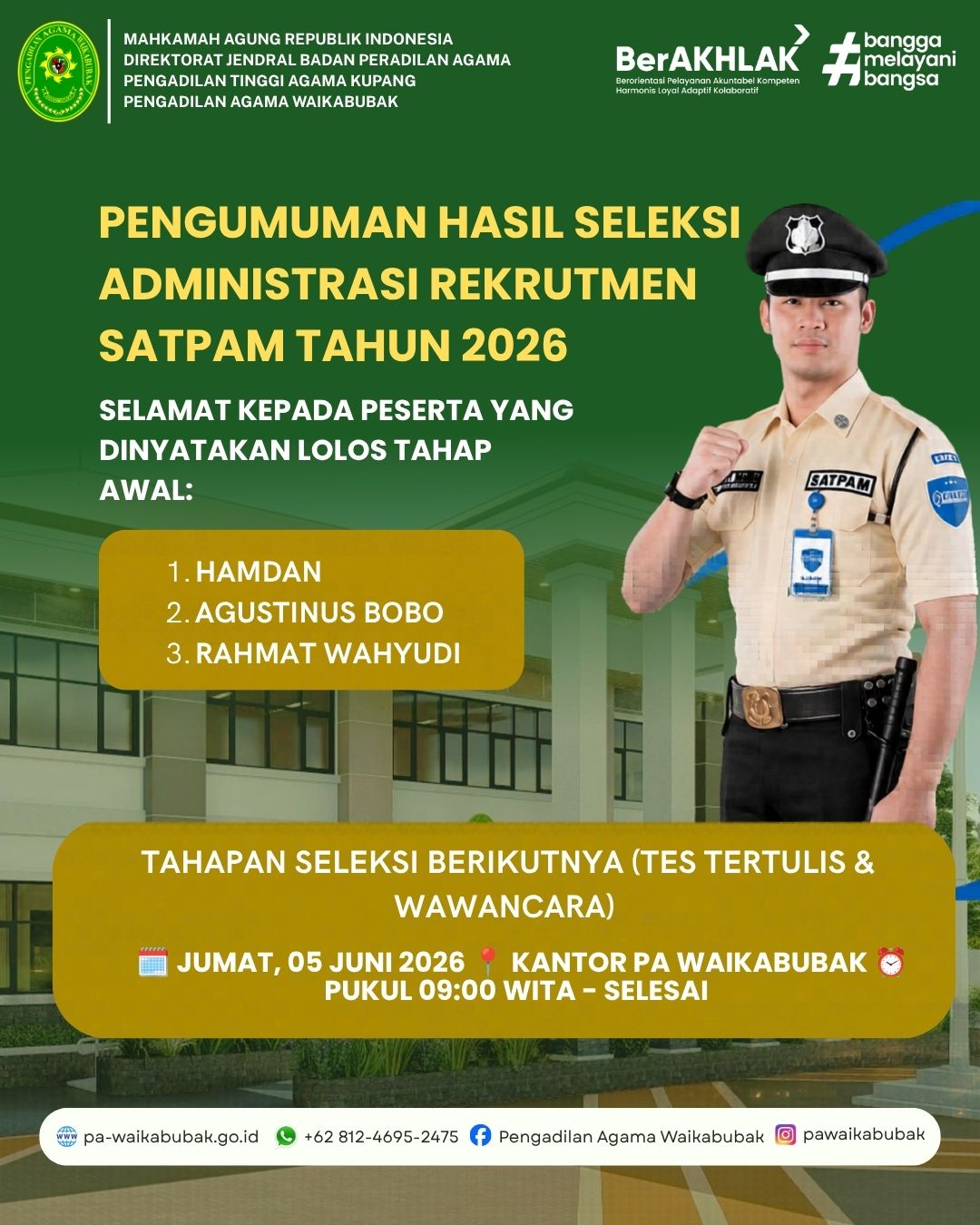 PENGUMUMAN HASIL SELEKSI ADMINISTRASI REKRUTMEN SATPAM TAHUN 2026