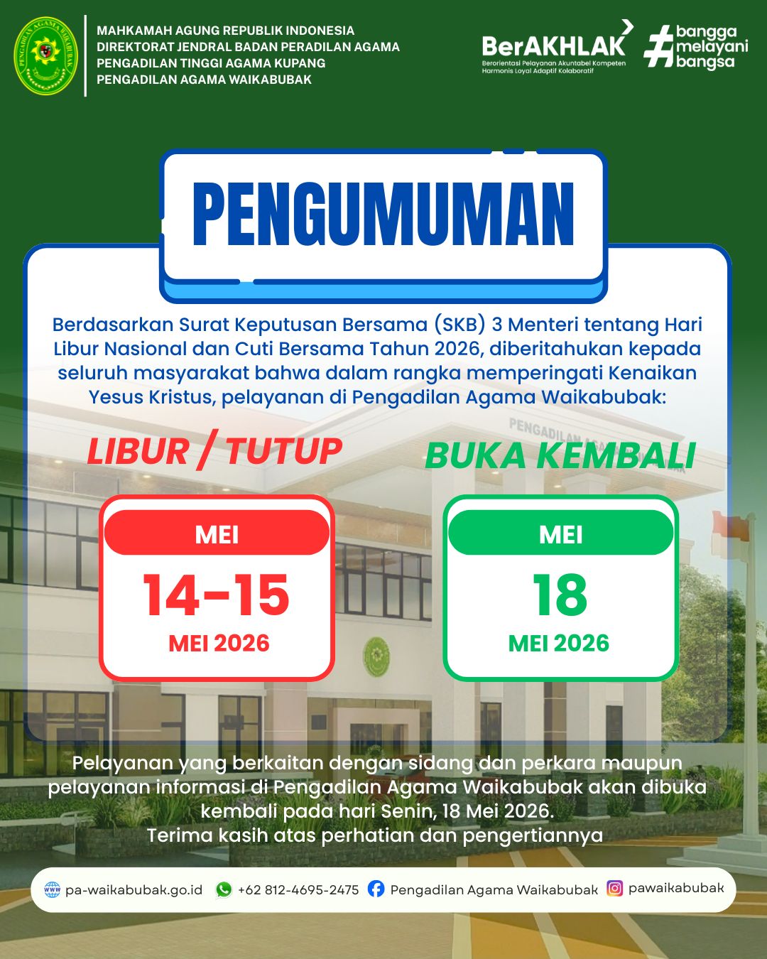 Pengumuman Libur Hari Kenaikan Yesus Kristus pada Pengadilan Agama Waikabubak