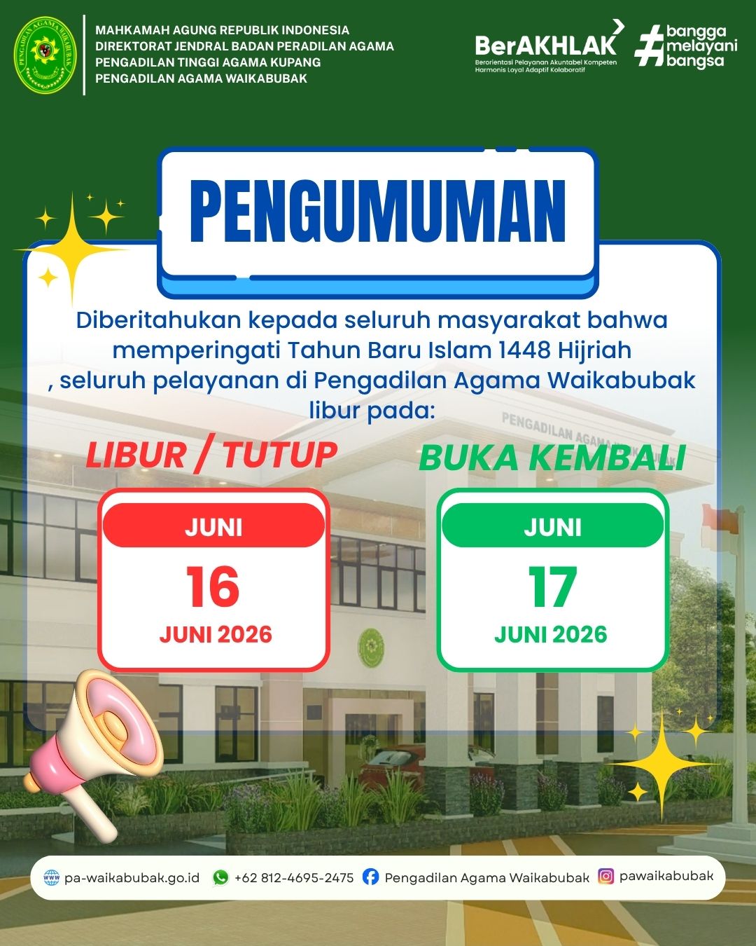 Pengumuman: Libur Pelayanan Pengadilan Agama Waikabubak Tahun Baru Islam 1 Muharram 1448 Hijriah
