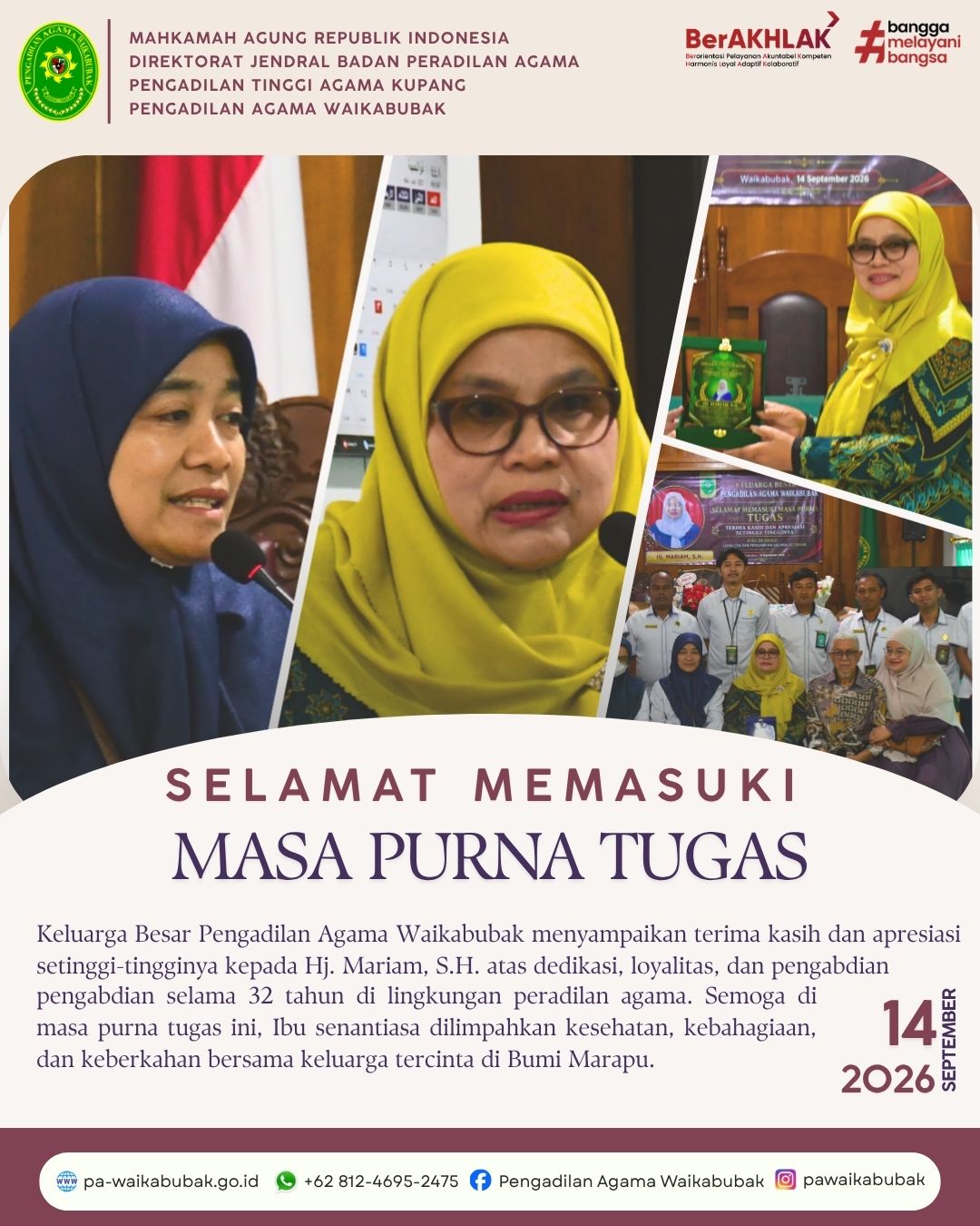 PA Waikabubak Gelar Pelepasan Purna Tugas Hj. Mariam, S.H. Setelah 32 Tahun Mengabdi